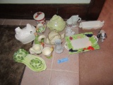 ASSORTMENT OF GRAVY DISHES, FIGURINES, PLATTERS, AND ETC
