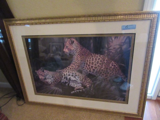 LARGE FRAMED DECORATIVE PICTURE OF LEOPARDS