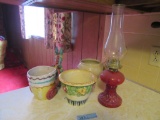 ASSORTED PLANT URNS AND OIL LAMP