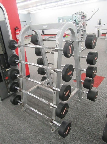 STAR TRAC STRAIGHT BARS WITH WEIGHTS AND RACK.  20# THROUGH 110#