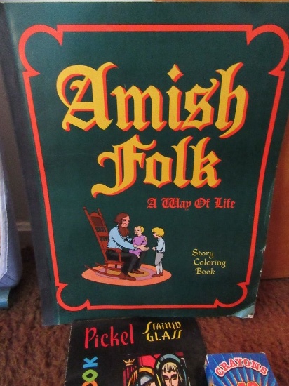AMISH FOLK STORY COLORING BOOK, STAINED GLASS COLORING BOOK, AND CRAYONS