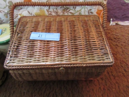 WICKER SEWING BOX FULL OF SUPPLIES