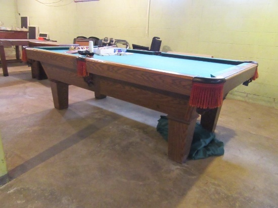 OLHAUSEN OAK FINISH POOL TABLE. SLATE TOP VERY HEAVY. WILL NEED DISASSEMBLE