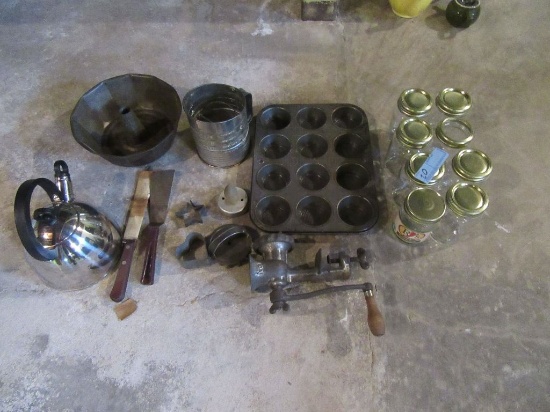 VINTAGE SIFTER. COOKIE CUTTERS, CAKE PANS, AND ETC