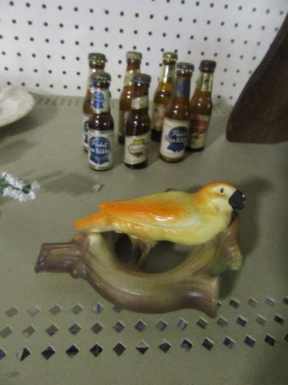 BIRD AND NEST WALL POCKET AND MINIATURE BEER BOTTLES