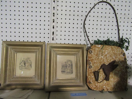 2 VICTORIAN PICTURES WITH FRAMES AND HUMMINGBIRD WALL HANGING