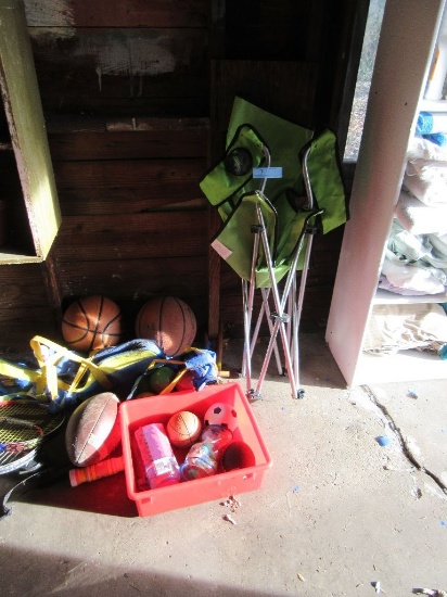BASKETBALLS, TENNIS RACKETS, FOLDING CHAIR (NEEDS REPAIRED), AND ETC