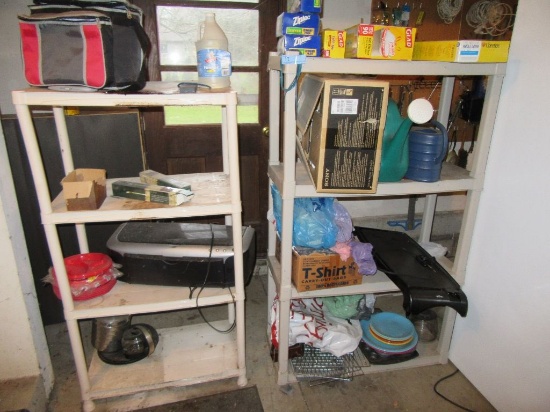 WATERING CANS, RIVAL ELECTRIC FLAT GRILL, TWO SECTIONS OF PLASTIC SHELVING,