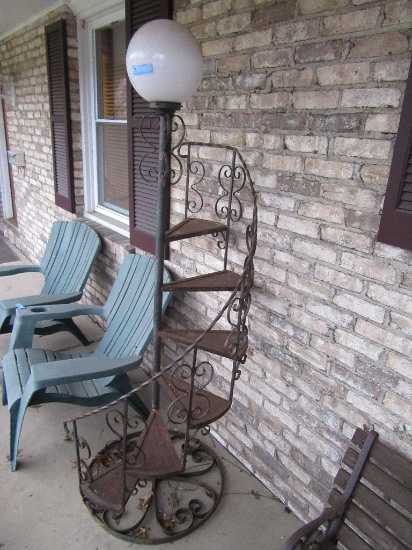 6-1/2 FT LIGHTED WROUGHT IRON PLANT STAND. VERY HEAVY.
