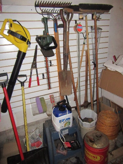 YARD AND GARDEN TOOLS, GASOLINE CANS, STEP STOOL, AND ETC