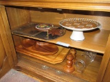 ASSORTMENT OF WOOD SERVING PIECES, CAKE PLATE, CANDLE HOLDER, AND ETC