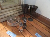 SILVERPLATE RIMMED BOWL, SPOONS, SHAKERS, AND ETC
