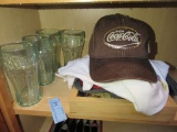 COCA-COLA PLASTIC GLASSES, BALL CAP, SHIRTS, AND PICTURE