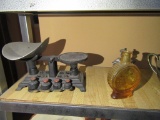 SHELF LOT OF SCALE AND MISCELLANEOUS KNICK KNACKS