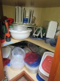 2 CORNER CUPBOARDS OF ASSORTED PLASTIC WARE AND MISCELLANEOUS KITCHEN ITEMS