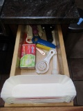 PLASTIC HOT DOG HOLDERS AND DRAWERS OF MISCELLANEOUS KITCHEN UTENSILS