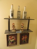 2 FLORAL PICTURES, HUMMEL STYLE FIGURINES, AND BOTTLES