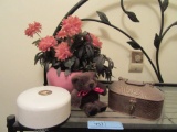 PINK VASE WITH FLORAL ARRANGEMENT, BRASS PENCO INDUSTRIES CHEST, TEDDY BEAR