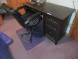 COMPUTER DESK WITH ROLLABOUT CHAIR AND MAT. CHAIR NEEDS REPAIRED