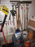 YARD AND GARDEN TOOLS, GASOLINE CANS, STEP STOOL, AND ETC
