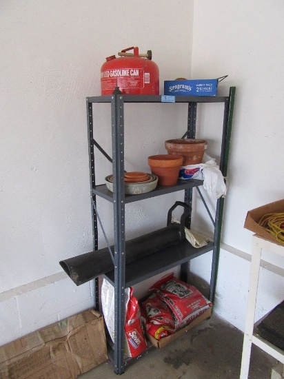 METAL SHELVING WITH GAS CAN, POTTING SOIL, PLANTERS, AND ETC