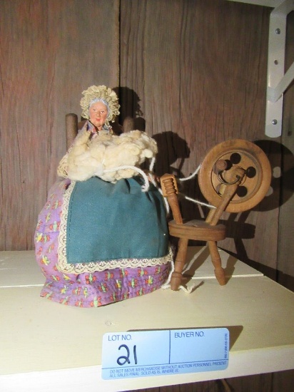 DOLL ON WOOD CHAIR WITH WOOD SPINNING WHEEL