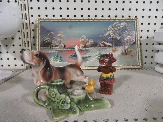 WINTER LANDSCAPE PAINTING. DOG FIGURINE, MONKEY FIGURINE, AND OTHERS