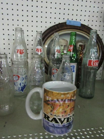 VARIETY OF OHIO PRESIDENTS POP BOTTLES, COKE BOTTLES, BALTIMORE RAVENS MUG