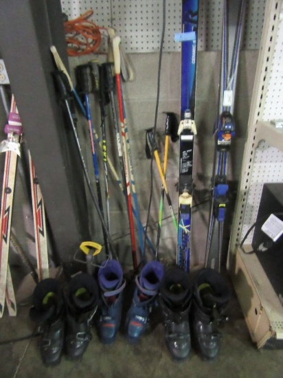 ASSORTED SKI POLES AND BOOTS