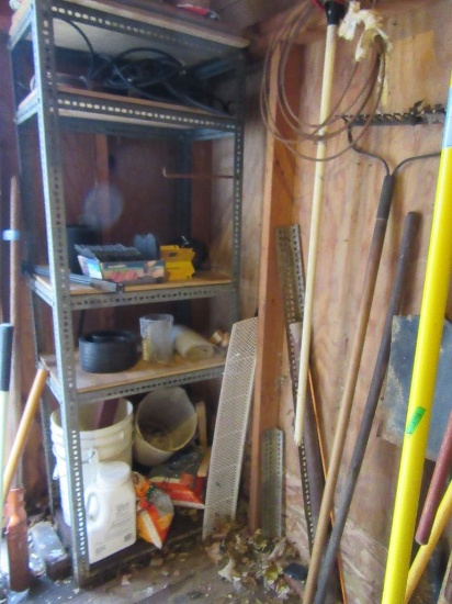 ASSORTED LAWN TOOLS INCLUDING SHOVELS, RAKES, HOSE, TREE TRIMMER, INCLUDING