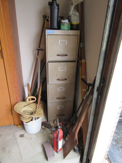 FOUR DRAWER FILE, YARD AND GARDEN TOOLS, TREE TRIMMER AND ETC IN CORNER