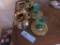EMBOSSED GREEN DEPRESSION CANDLESTICK HOLDERS AND OTHER GLASS CANDLESTICK H