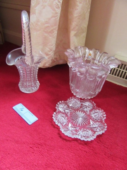GLASS BASKET, HANDLE CRACKED. HEAVY GLASS VASE. AND PLATE