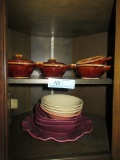 CUPBOARD LOT OF BROWN BAKEWARE AND STONE DISH