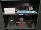 CHOPPER. PYREX SERVEWARE. STAINLESS STEEL BOWL. ETC ON 2 SHELVES