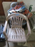 PLASTIC CHAIR. CLEANING SUPPLIES. CORDS. AND OTHER CHAIR