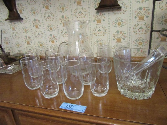 FLORAL ETCHED PITCHER WITH MATCHING GLASSES AND ICE BUCKET