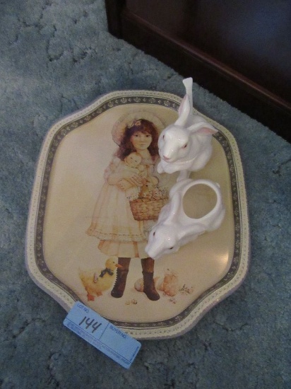 HOLLY HOBBIE EASTER TRAY AND 2 BUNNY CONDIMENT PIECES