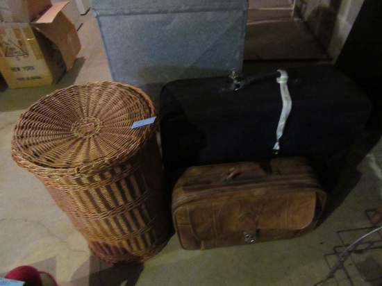 WICKER LAUNDRY BASKET AND AMERICAN TOURISTER LUGGAGE