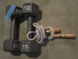 (2) 15# BARBELLS AND EVERLAST JUMP ROPE