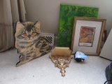 PRINTS AND FRAMES, WOOD PAINTED CAT, AND ETC