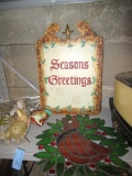 STAINED GLASS CARDINAL, SEASONS GREETINGS PLAQUE, AND CHRISTMAS ORNAMENTS