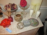 ASSORTED CANDLES, VASES, COMPOTE, AND ETC