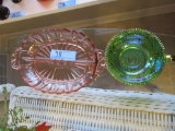 PINK DIVIDED DISH AND HANDLE CARNIVAL GLASS BOWL