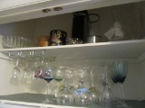 ASSORTED STEMWARE, GLASS BOWL, PUMP COFFEE POT, VASES, ETC