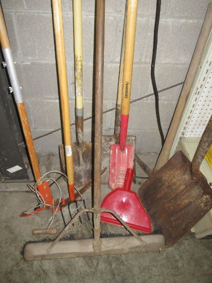 ASSORTED SHOVELS, PUSH BROOM, TREE TRIMMER, AND PICK AXE