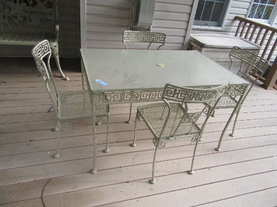 GLASS TOP OUTDOOR TABLE AND 4 CHAIRS
