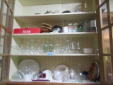 CABINET OF ASSORTED GLASSWARE, PLASTIC BOWLS, ETC