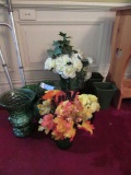 GREEN GLASS VASES. SOME WITH FLOWER ARRANGEMENTS