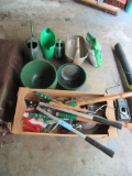 ASSORTED CUTTERS AND YARD TOOLS, WATERING CANS AND HANDHELD SEEDER